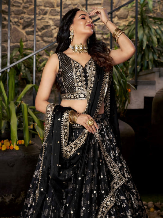 Midnight Bloom – Embroidered Georgette Black Bridal Ensemble