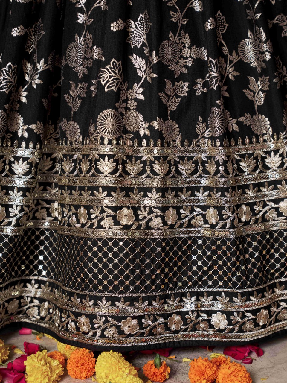 Midnight Bloom – Embroidered Georgette Black Bridal Ensemble