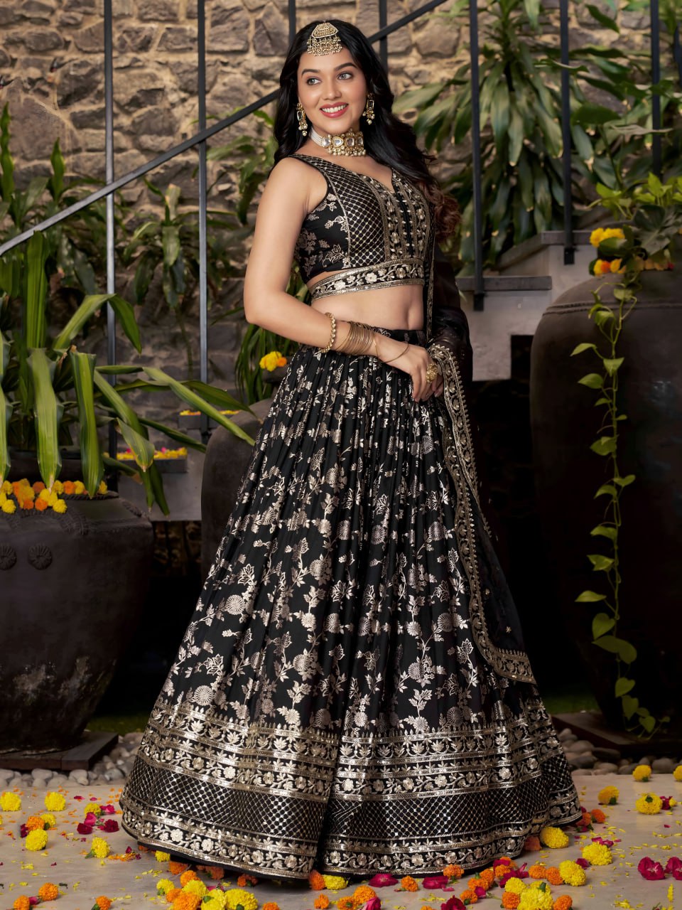 Midnight Bloom – Embroidered Georgette Black Bridal Ensemble