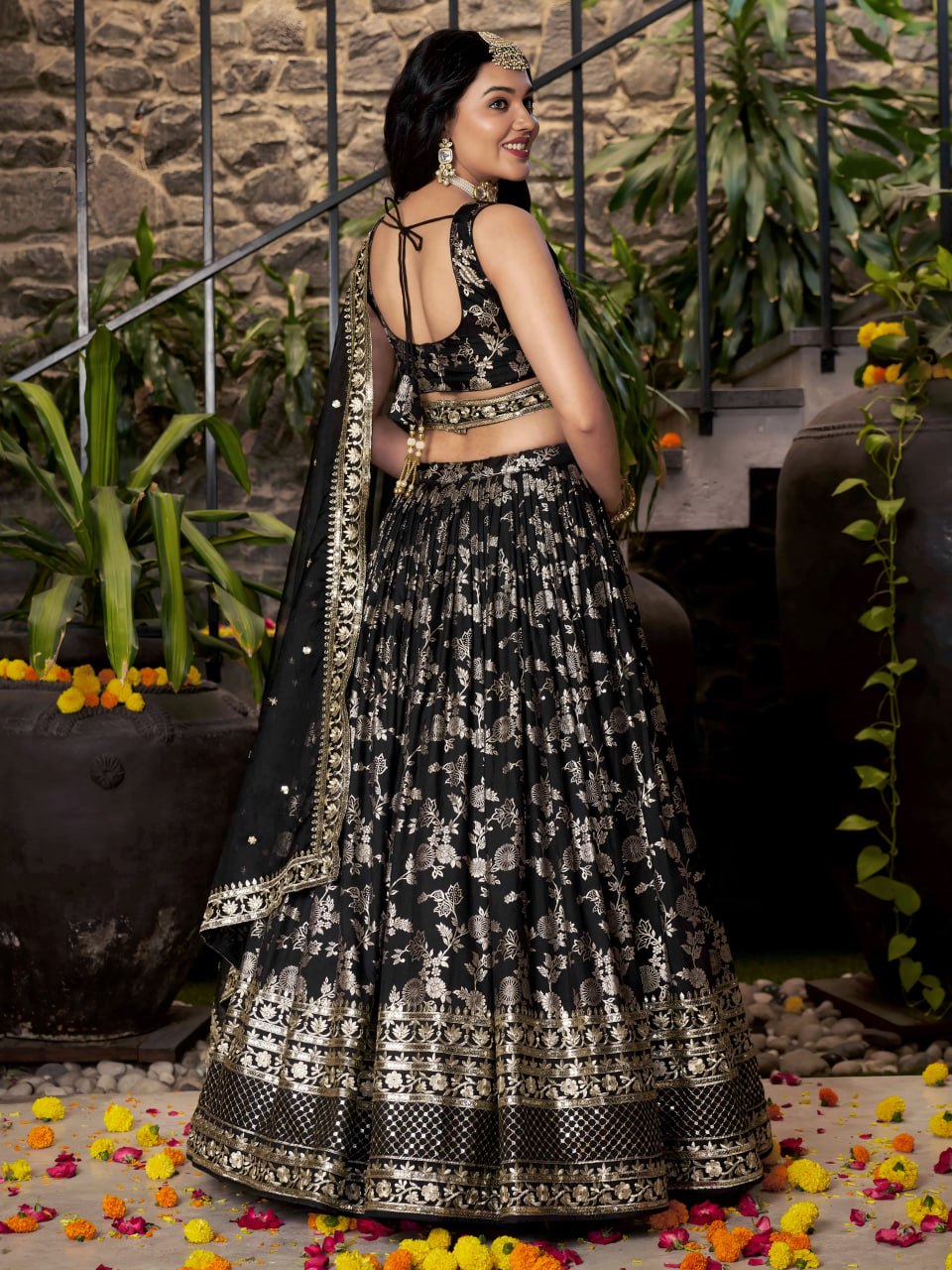 Midnight Bloom – Embroidered Georgette Black Bridal Ensemble