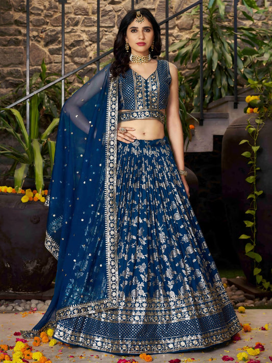 Midnight Bloom – Embroidered Georgette DoveBlue Bridal Ensemble