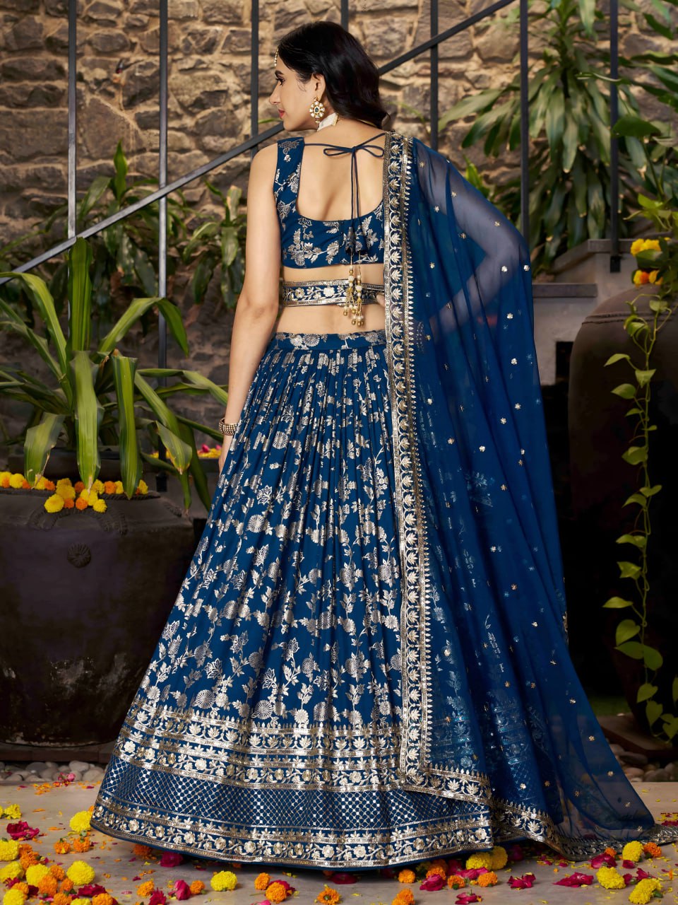 Midnight Bloom – Embroidered Georgette DoveBlue Bridal Ensemble