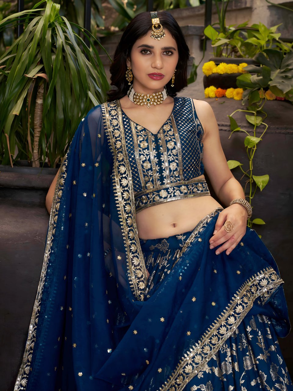 Midnight Bloom – Embroidered Georgette DoveBlue Bridal Ensemble