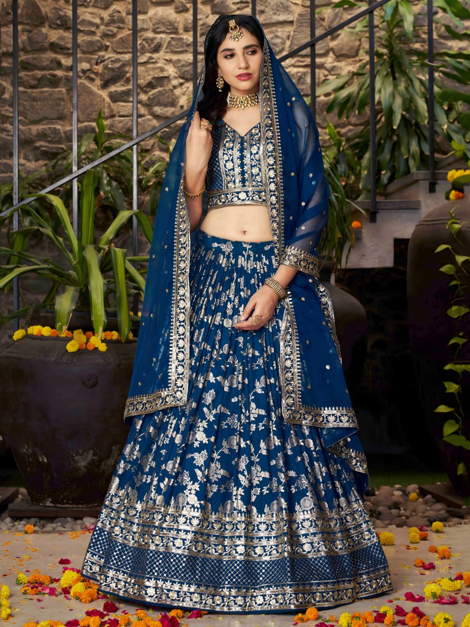 Midnight Bloom – Embroidered Georgette DoveBlue Bridal Ensemble