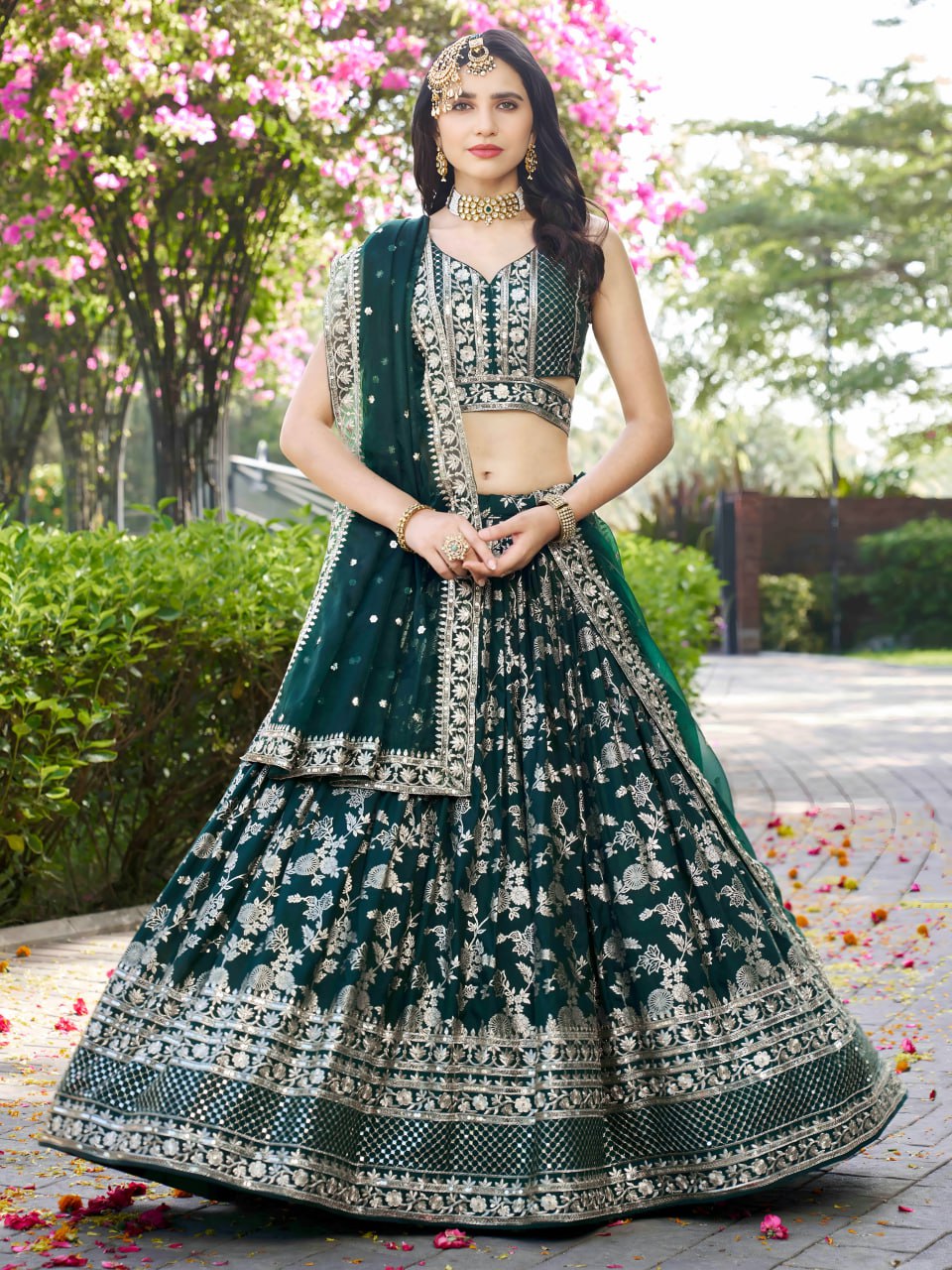 Midnight Bloom – Embroidered Georgette Green Bridal Ensemble