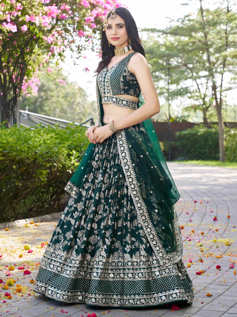 Midnight Bloom – Embroidered Georgette Green Bridal Ensemble