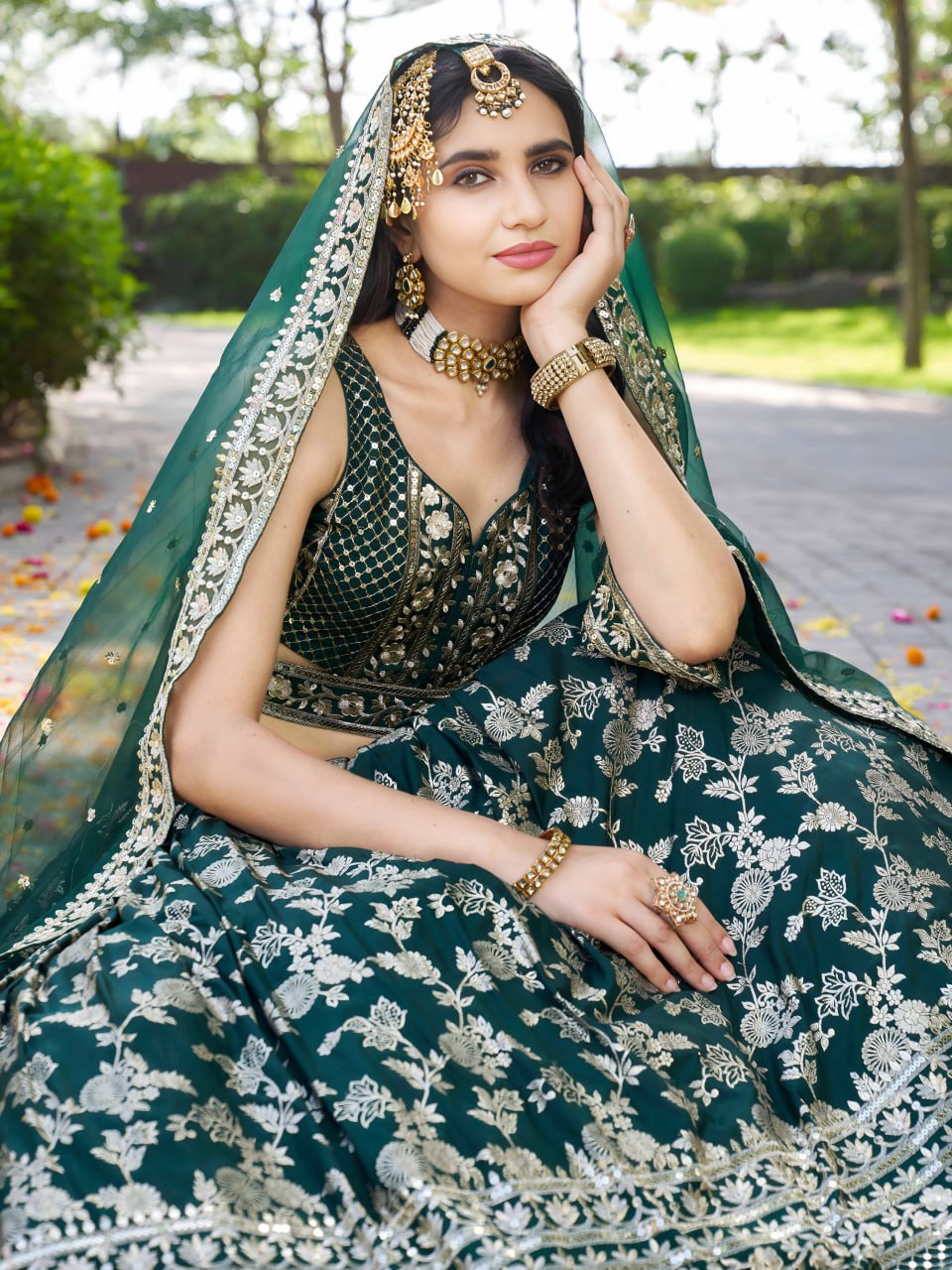 Midnight Bloom – Embroidered Georgette Green Bridal Ensemble