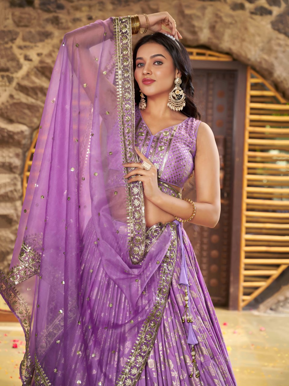 Midnight Bloom – Embroidered Georgette Lavender Bridal Ensemble