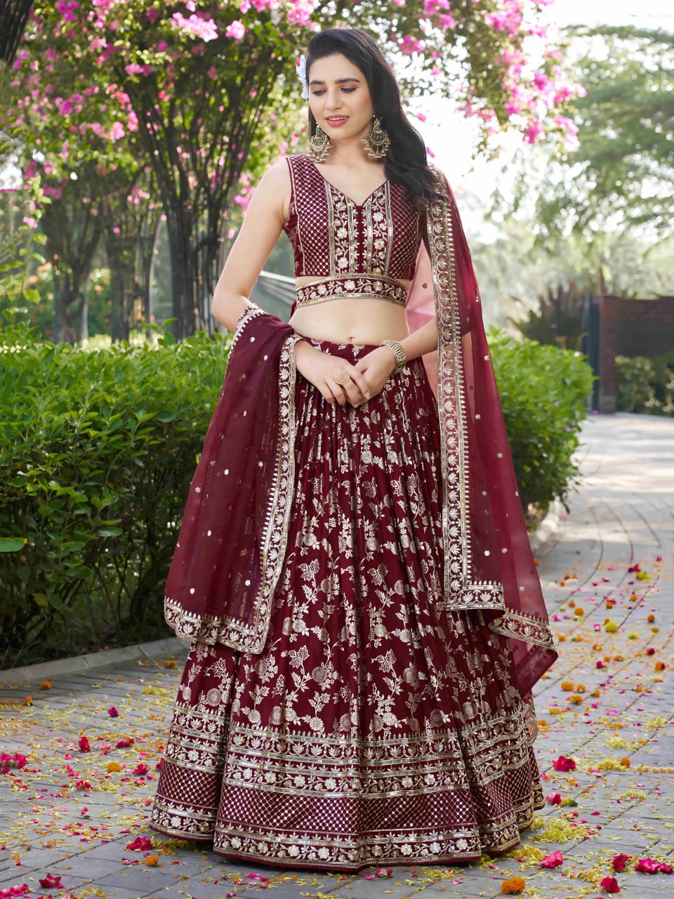 Midnight Bloom – Embroidered Georgette Maroon Bridal Ensemble