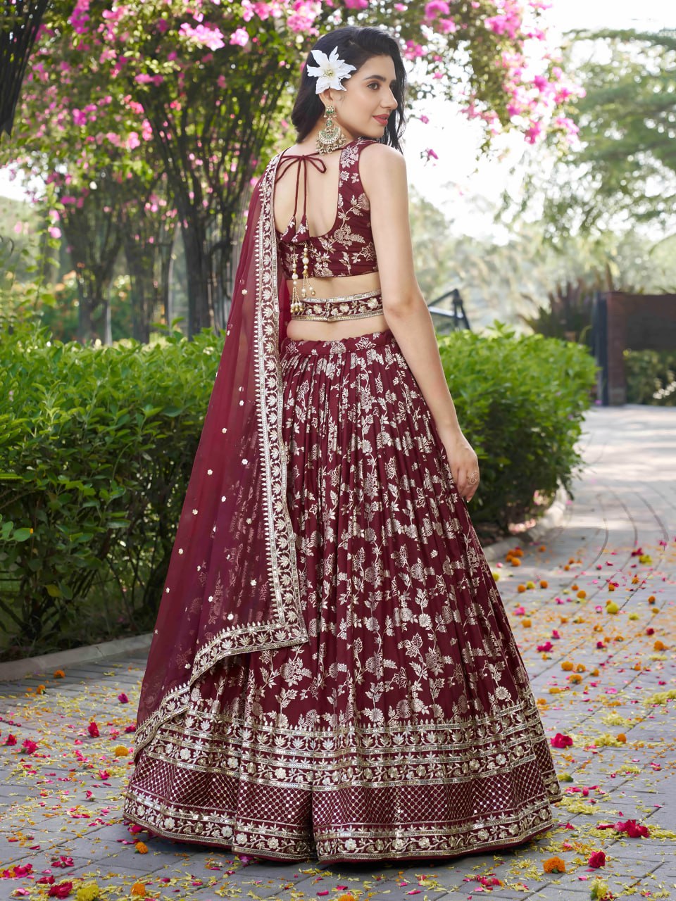 Midnight Bloom – Embroidered Georgette Maroon Bridal Ensemble
