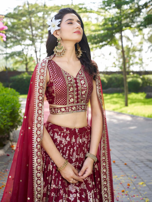 Midnight Bloom – Embroidered Georgette Maroon Bridal Ensemble