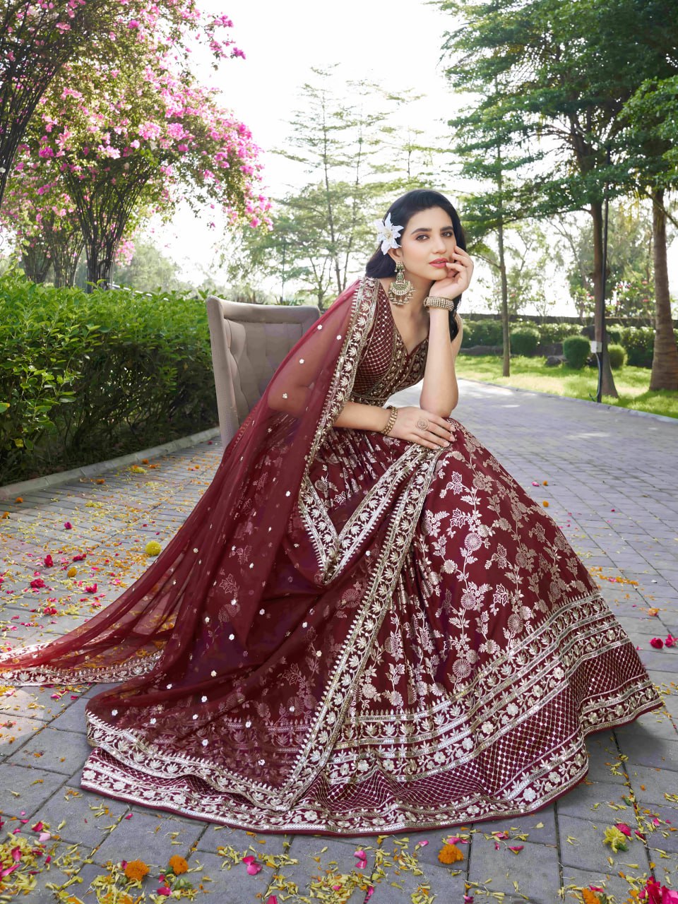 Midnight Bloom – Embroidered Georgette Maroon Bridal Ensemble