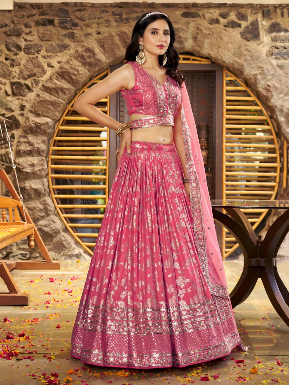 Midnight Bloom – Embroidered Georgette Peach Bridal Ensemble