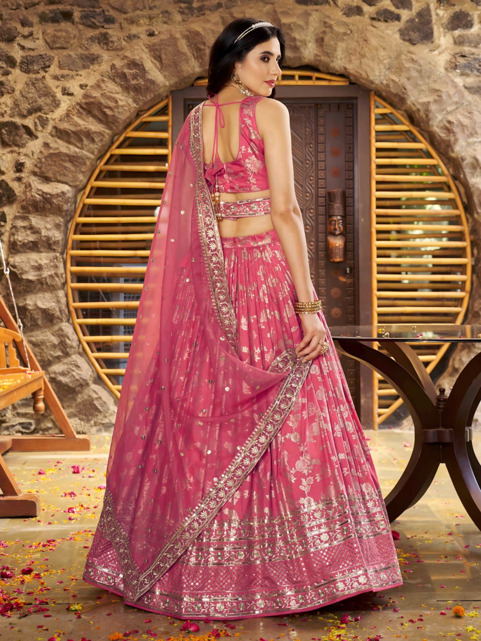Midnight Bloom – Embroidered Georgette Peach Bridal Ensemble