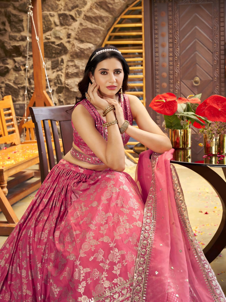 Midnight Bloom – Embroidered Georgette Peach Bridal Ensemble