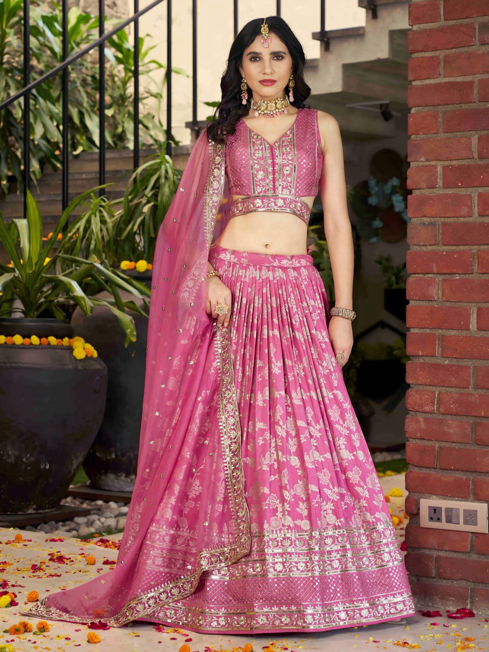 Midnight Bloom – Embroidered Georgette Pink Bridal Ensemble