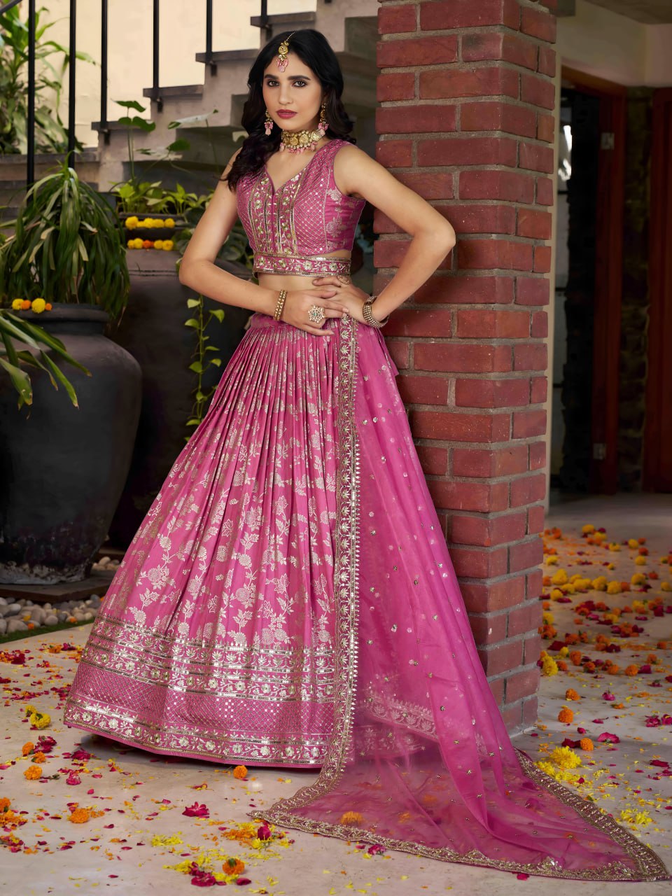 Midnight Bloom – Embroidered Georgette Pink Bridal Ensemble