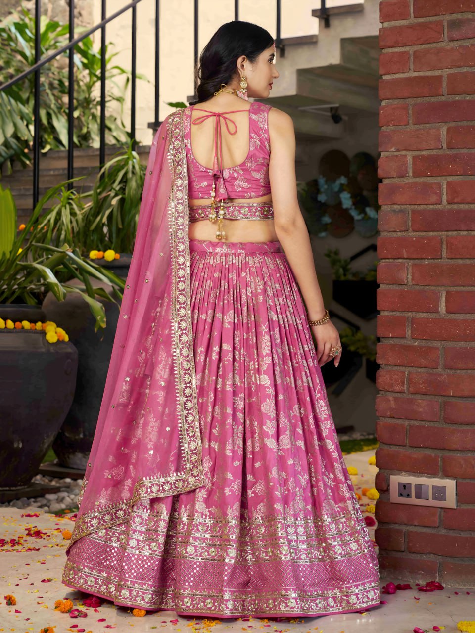 Midnight Bloom – Embroidered Georgette Pink Bridal Ensemble