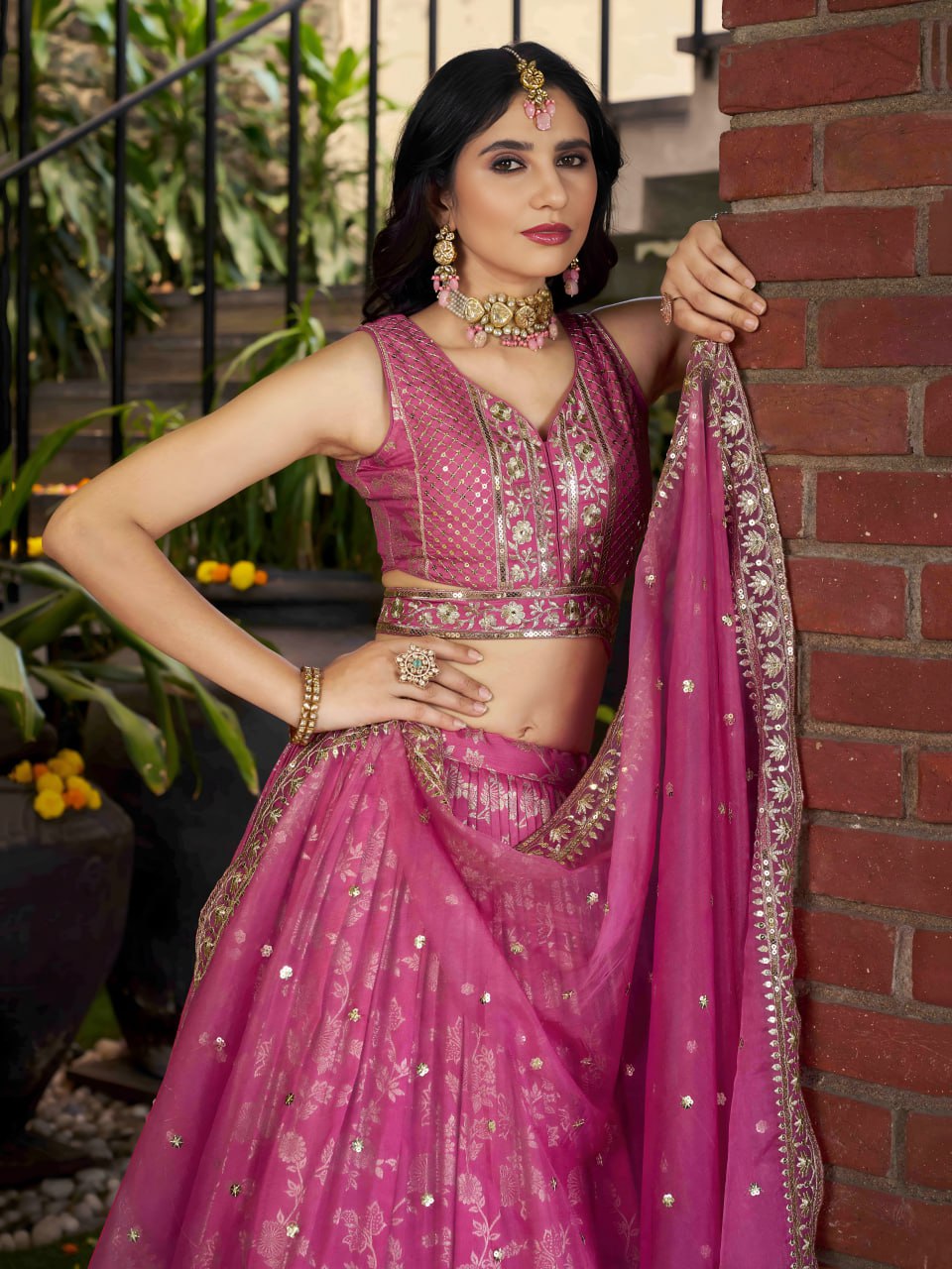 Midnight Bloom – Embroidered Georgette Pink Bridal Ensemble