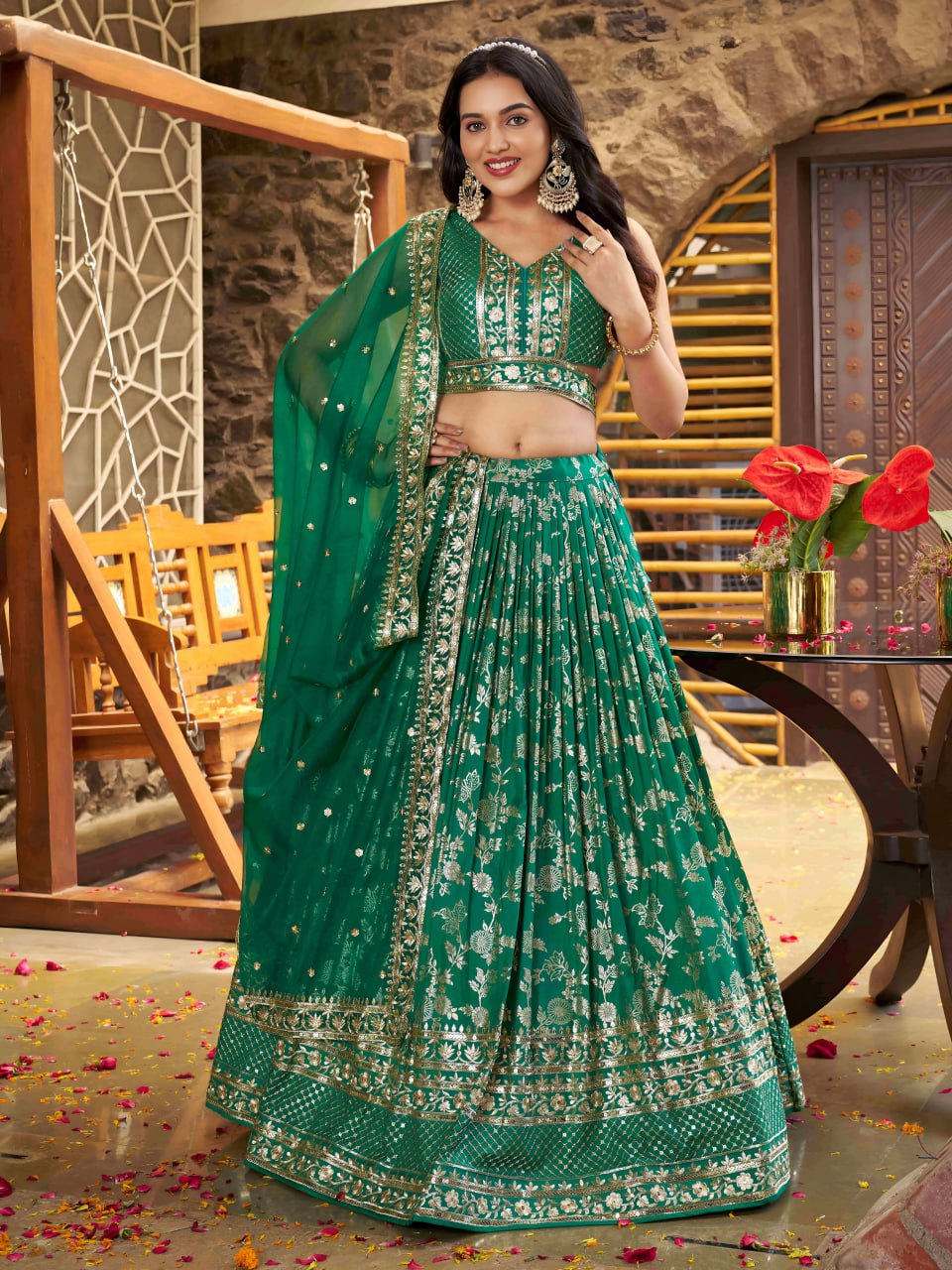 Midnight Bloom – Embroidered Georgette Rama Green Bridal Ensemble
