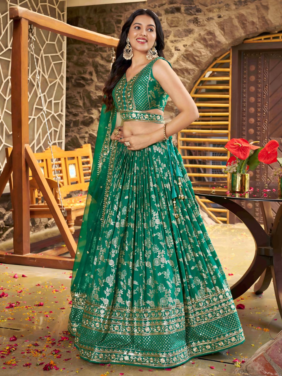 Midnight Bloom – Embroidered Georgette Rama Green Bridal Ensemble