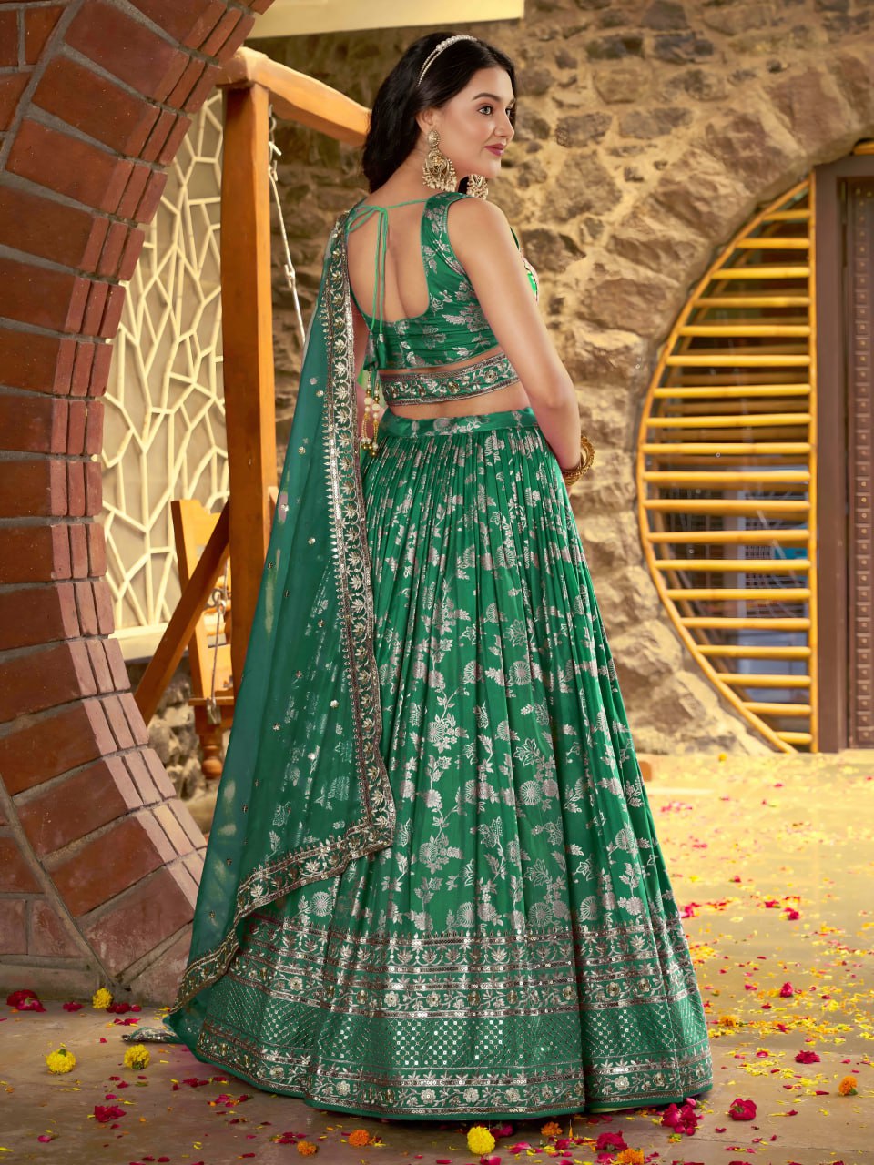 Midnight Bloom – Embroidered Georgette Rama Green Bridal Ensemble