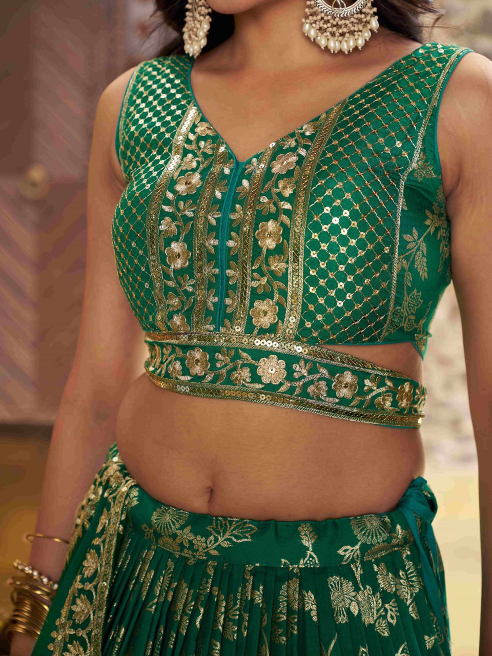 Midnight Bloom – Embroidered Georgette Rama Green Bridal Ensemble