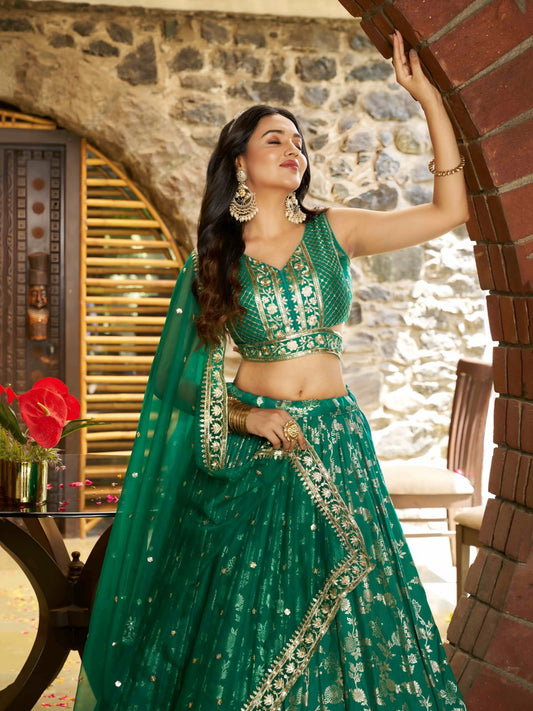 Midnight Bloom – Embroidered Georgette Rama Green Bridal Ensemble