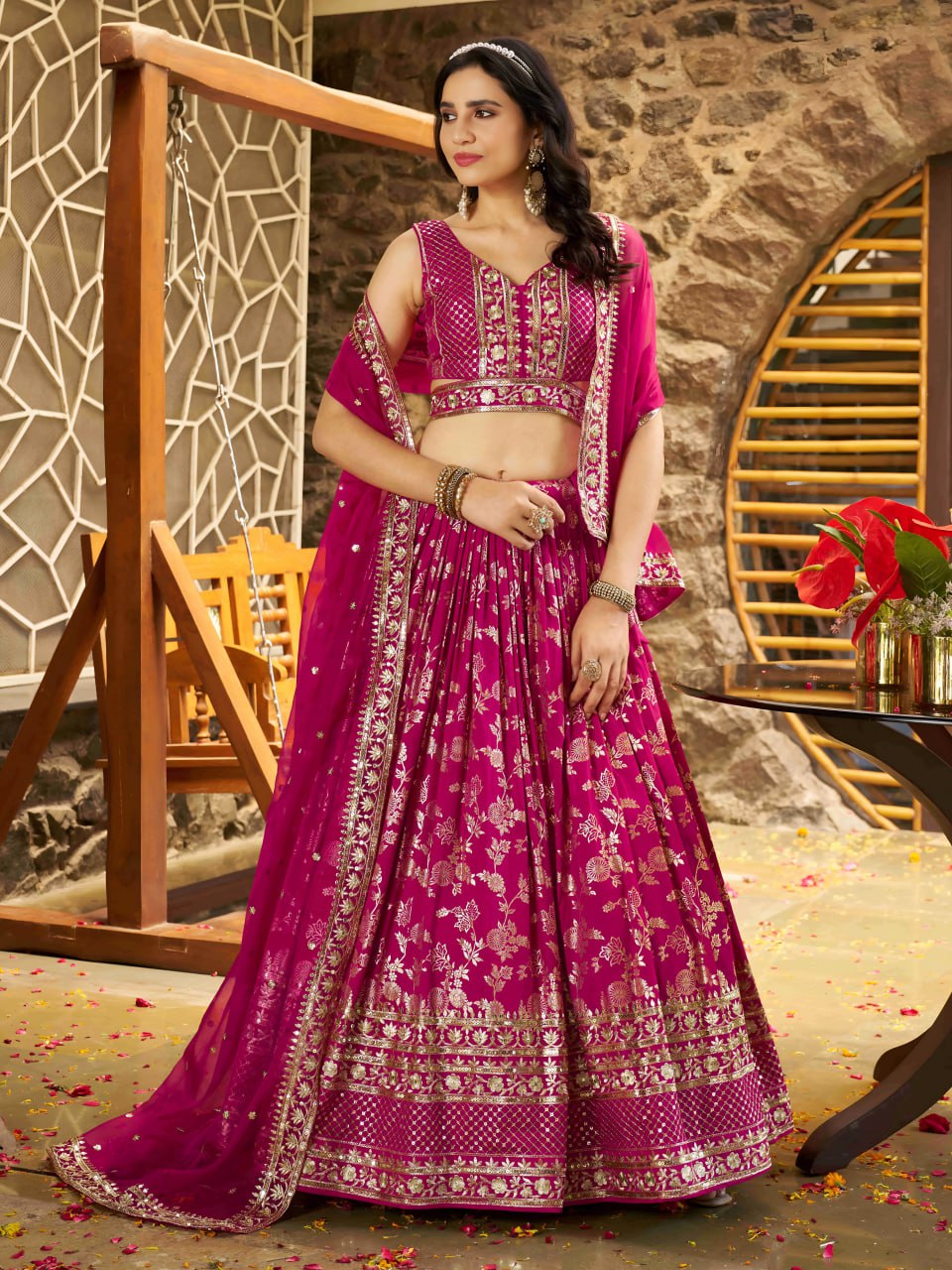 Midnight Bloom – Embroidered Georgette Rani Pink Bridal Ensemble