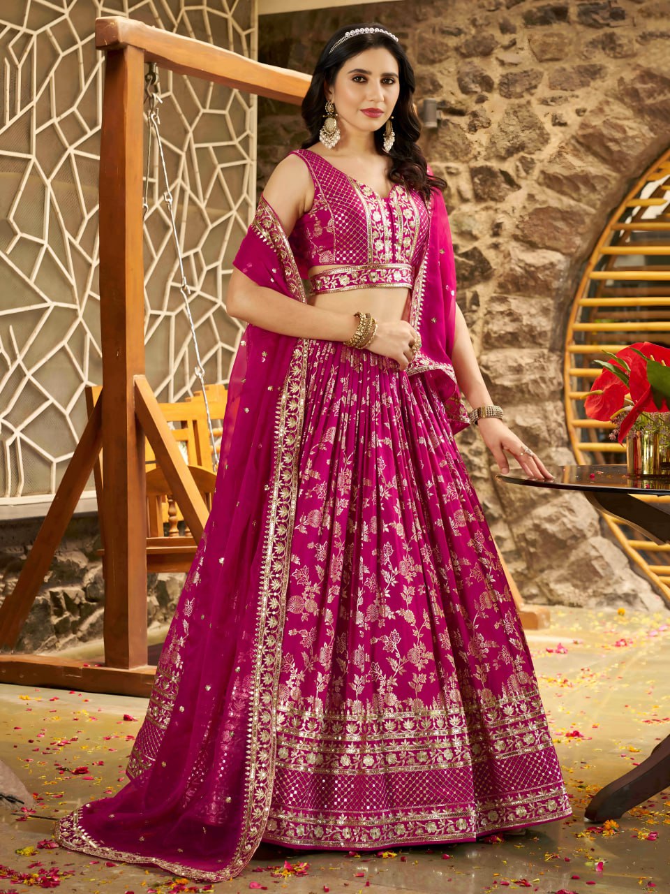Midnight Bloom – Embroidered Georgette Rani Pink Bridal Ensemble