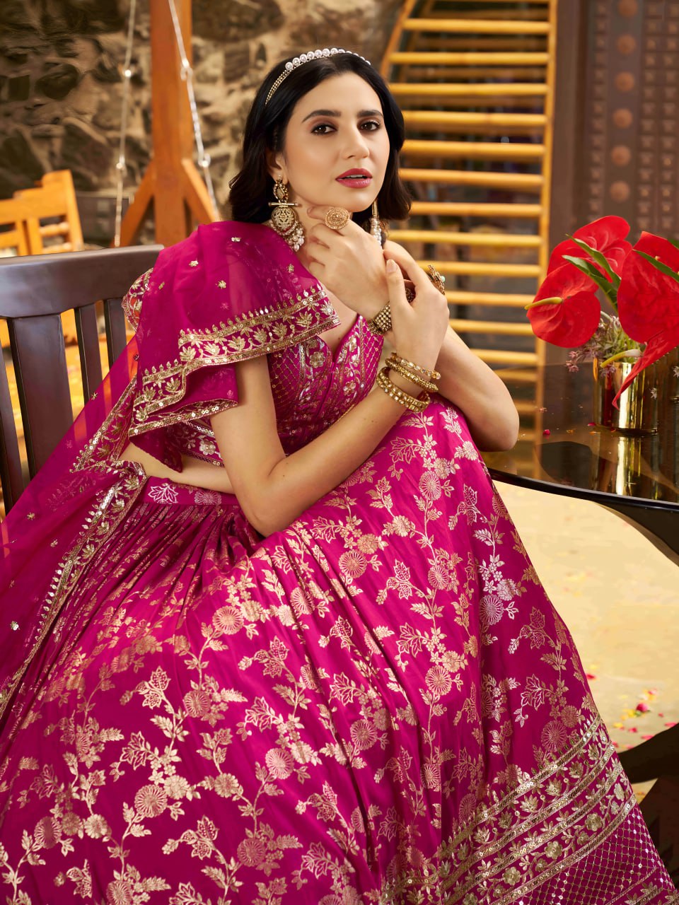 Midnight Bloom – Embroidered Georgette Rani Pink Bridal Ensemble
