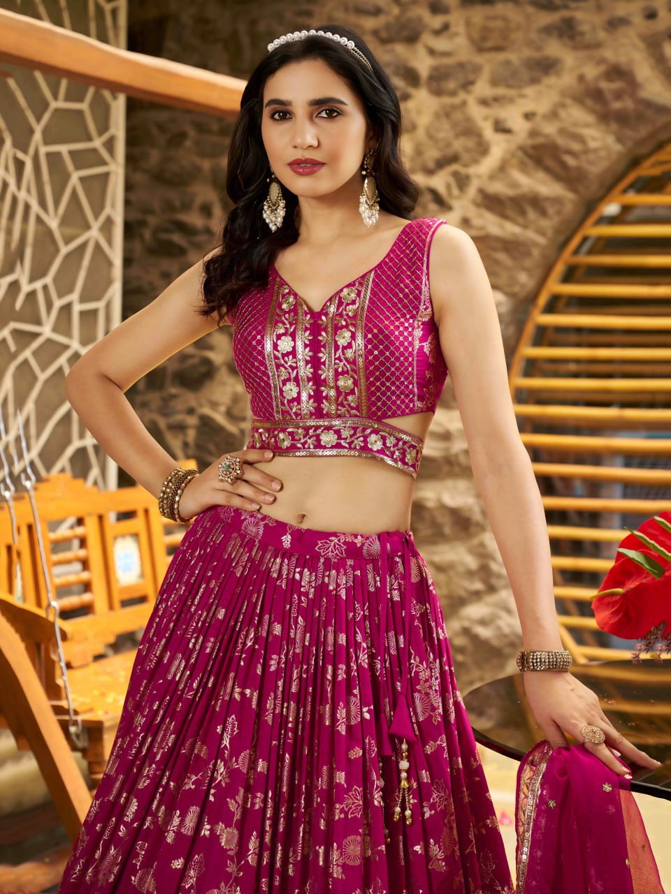 Midnight Bloom – Embroidered Georgette Rani Pink Bridal Ensemble