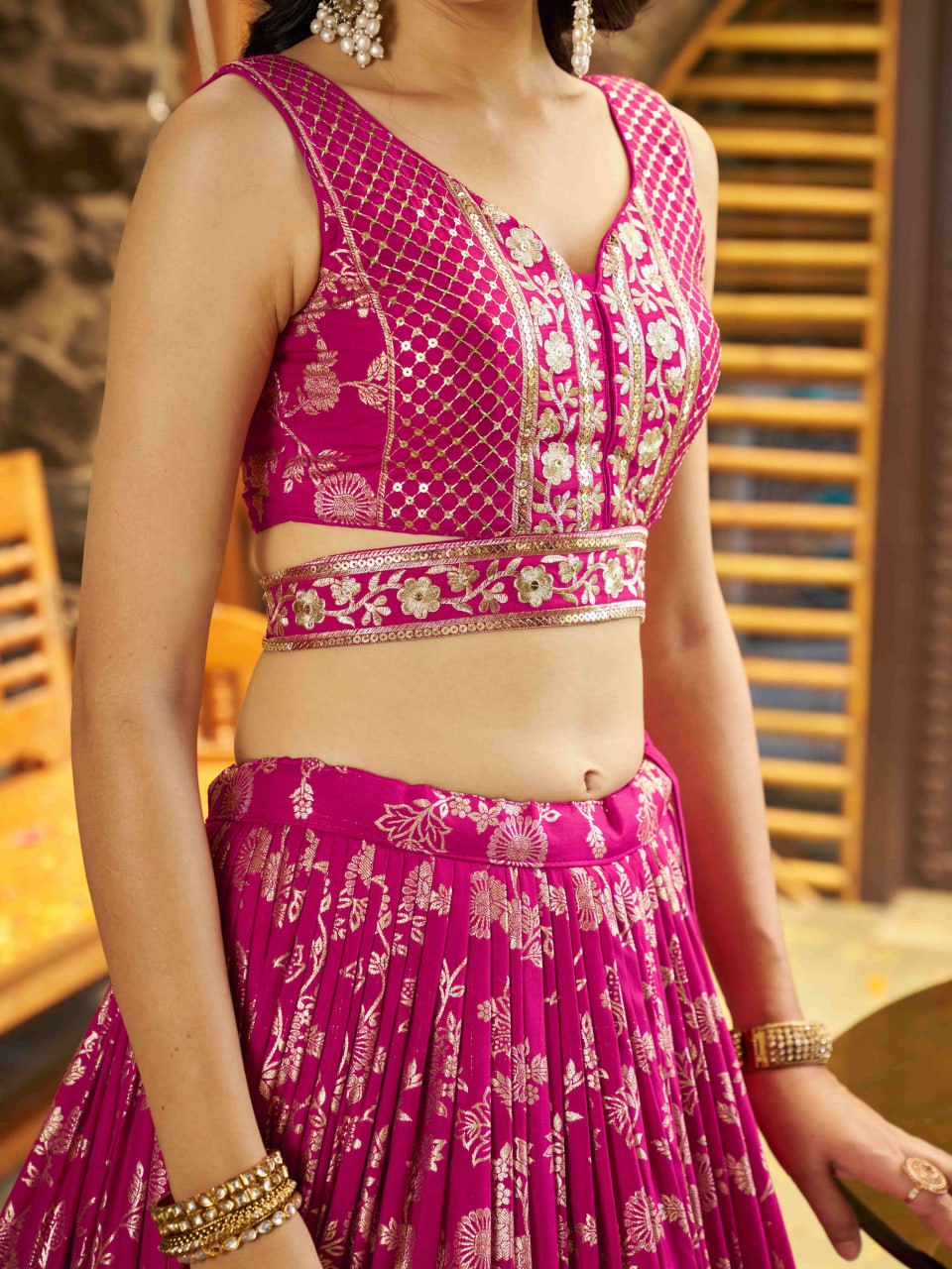 Midnight Bloom – Embroidered Georgette Rani Pink Bridal Ensemble