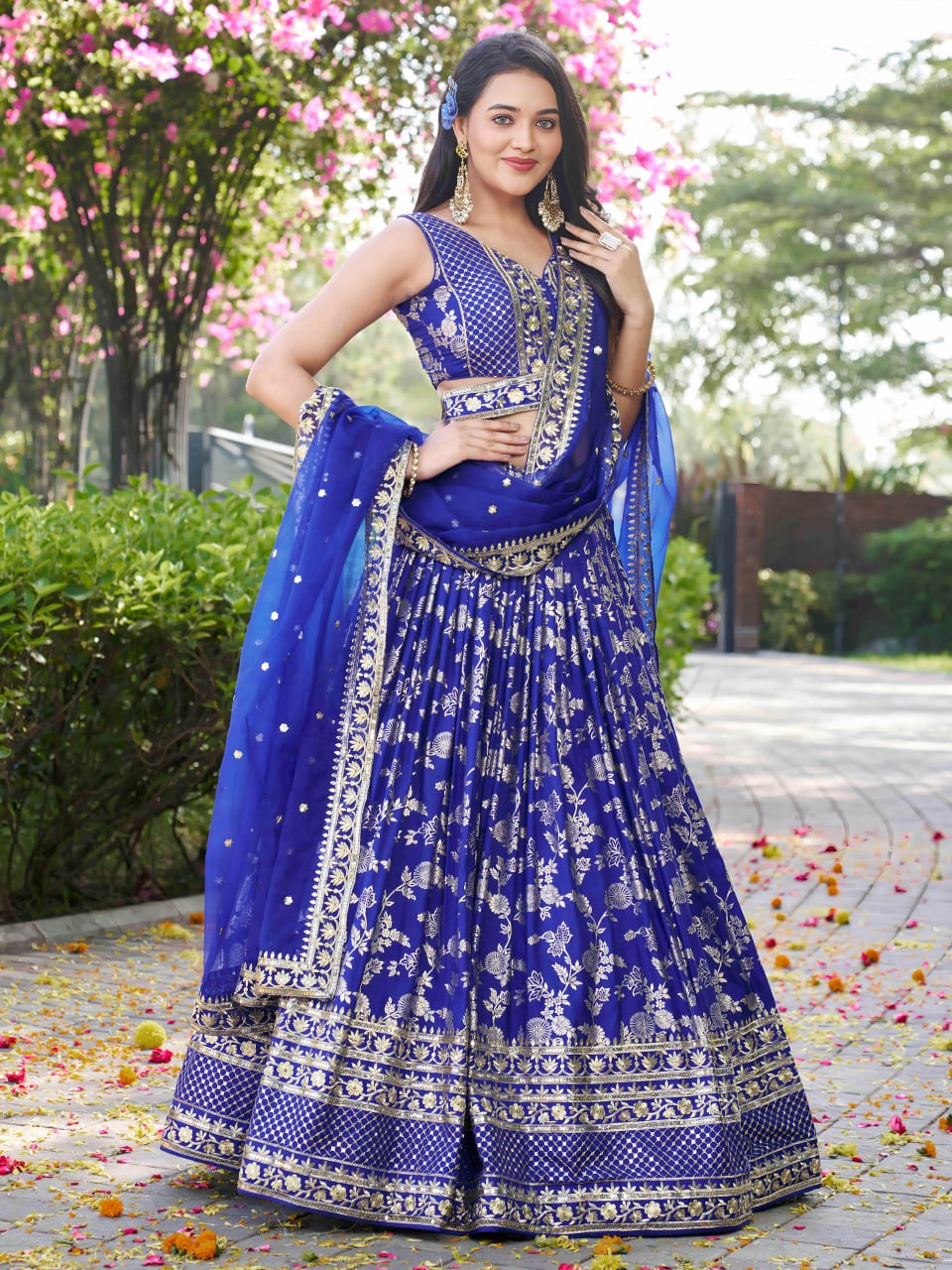 Midnight Bloom – Embroidered Georgette Royal Blue Bridal Ensemble