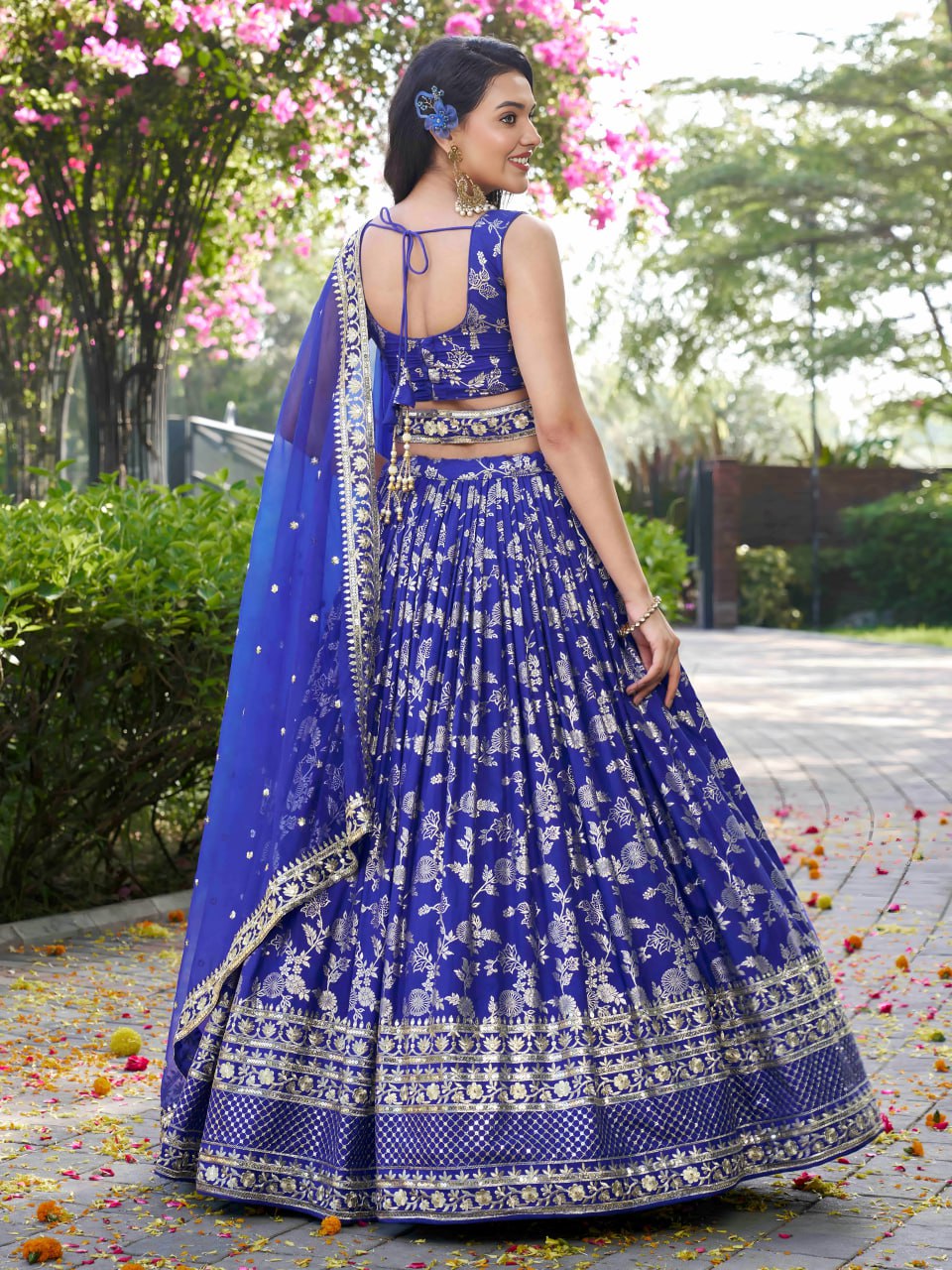 Midnight Bloom – Embroidered Georgette Royal Blue Bridal Ensemble