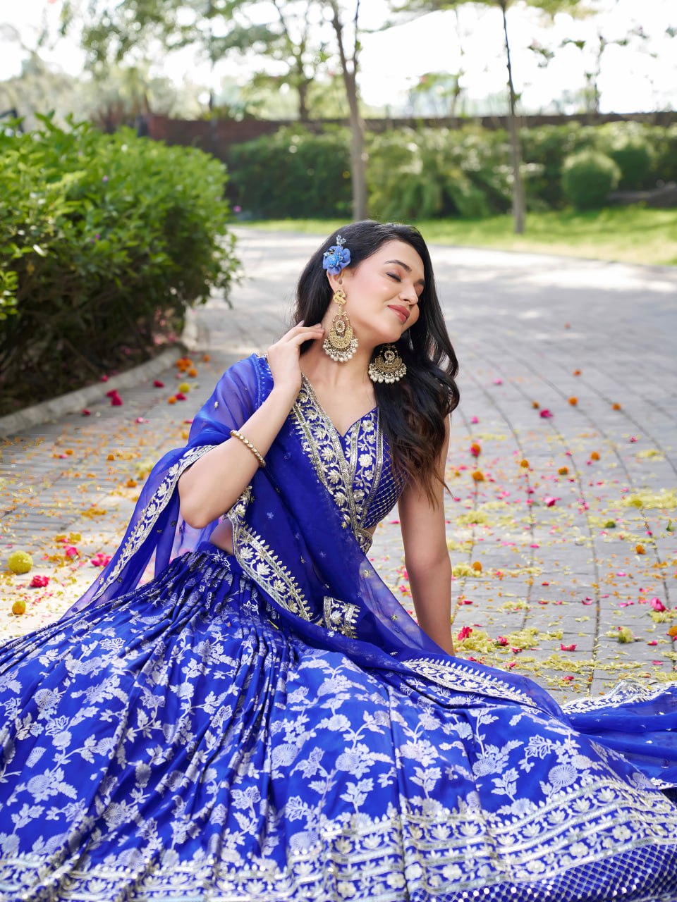 Midnight Bloom – Embroidered Georgette Royal Blue Bridal Ensemble