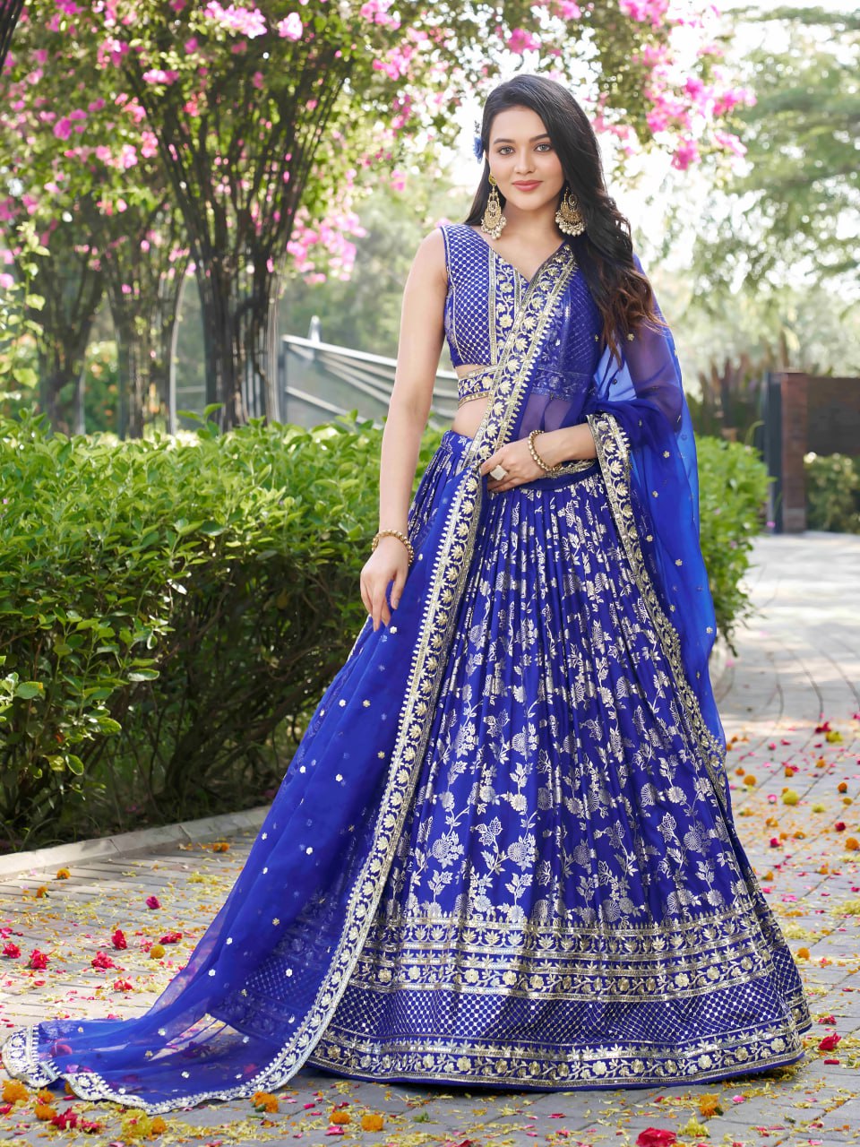Midnight Bloom – Embroidered Georgette Royal Blue Bridal Ensemble