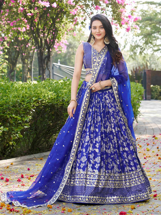 Midnight Bloom – Embroidered Georgette Royal Blue Bridal Ensemble