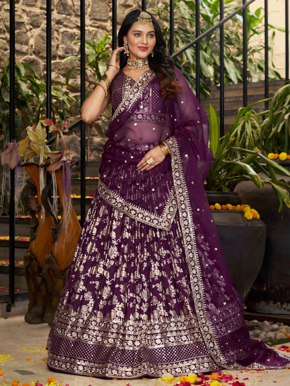Midnight Bloom – Embroidered Georgette Wine Bridal Ensemble