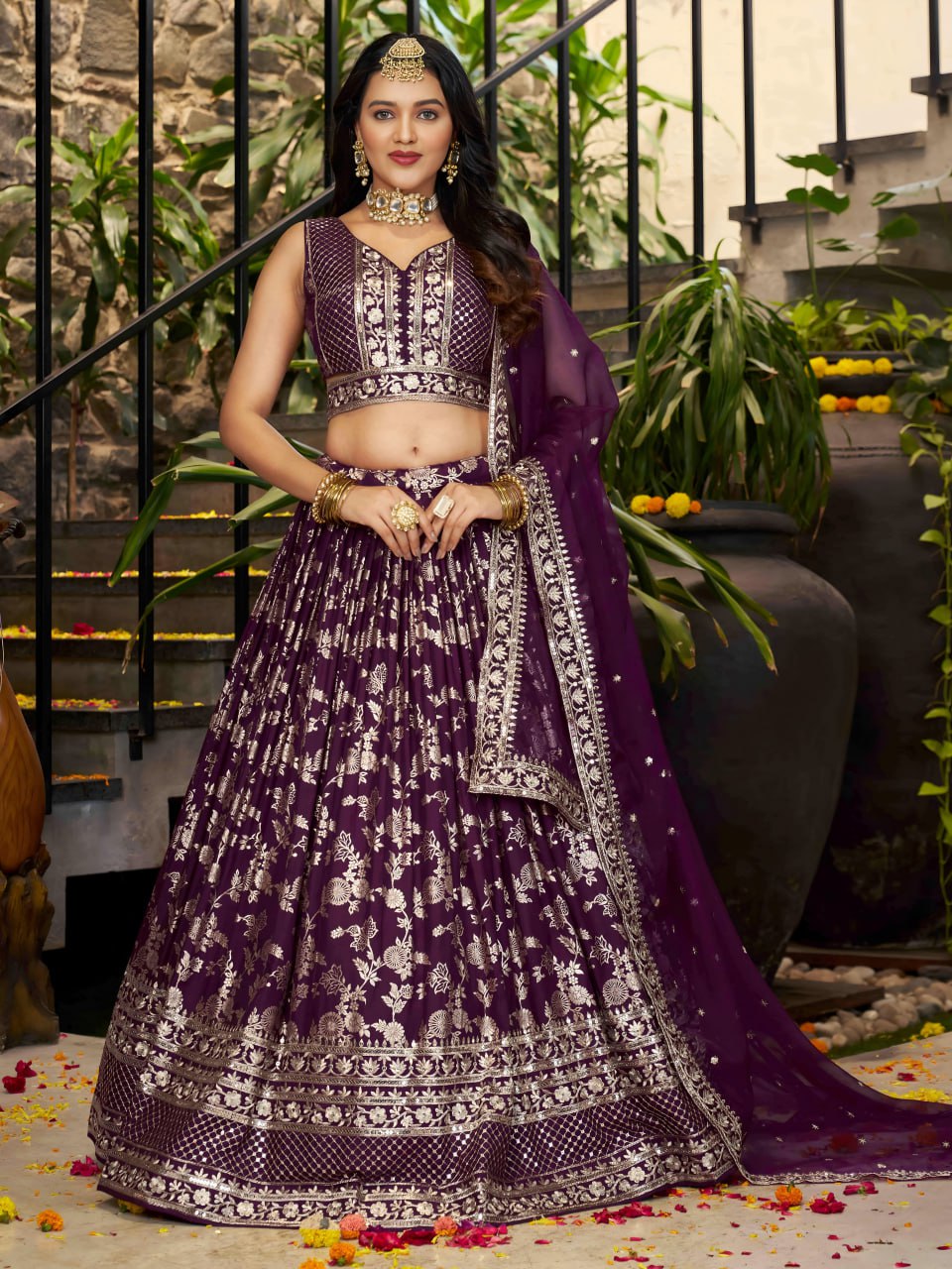 Midnight Bloom – Embroidered Georgette Wine Bridal Ensemble