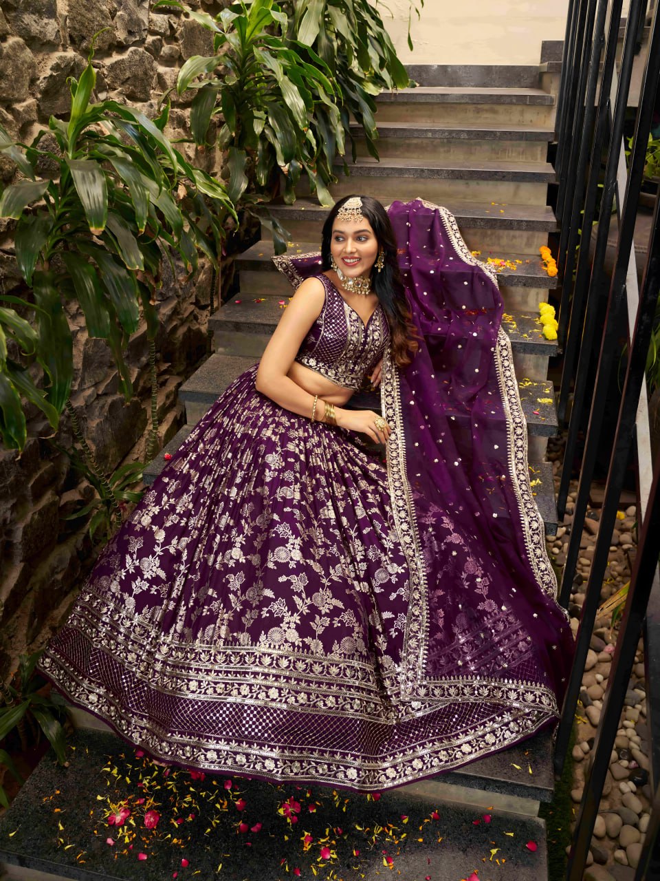 Midnight Bloom – Embroidered Georgette Wine Bridal Ensemble