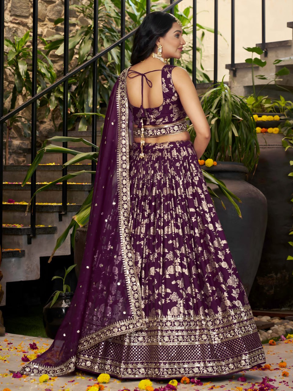 Midnight Bloom – Embroidered Georgette Wine Bridal Ensemble