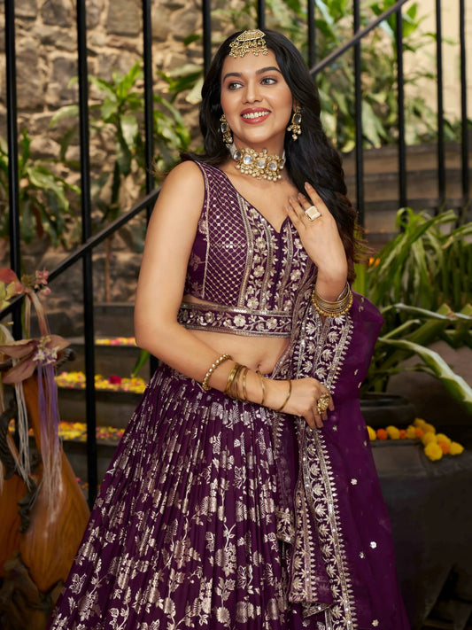 Midnight Bloom – Embroidered Georgette Wine Bridal Ensemble