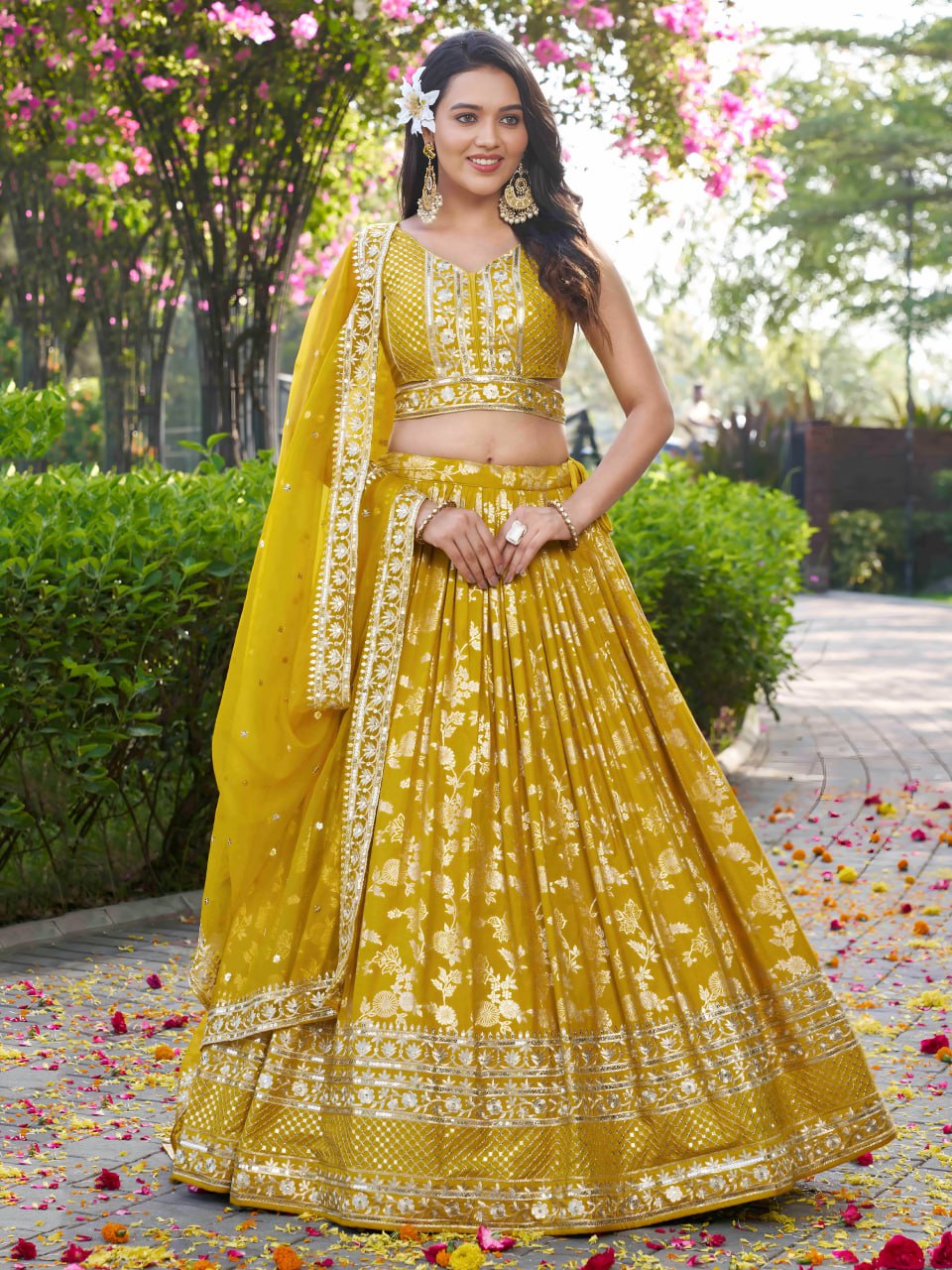 Midnight Bloom – Embroidered Georgette Yellow Bridal Ensemble