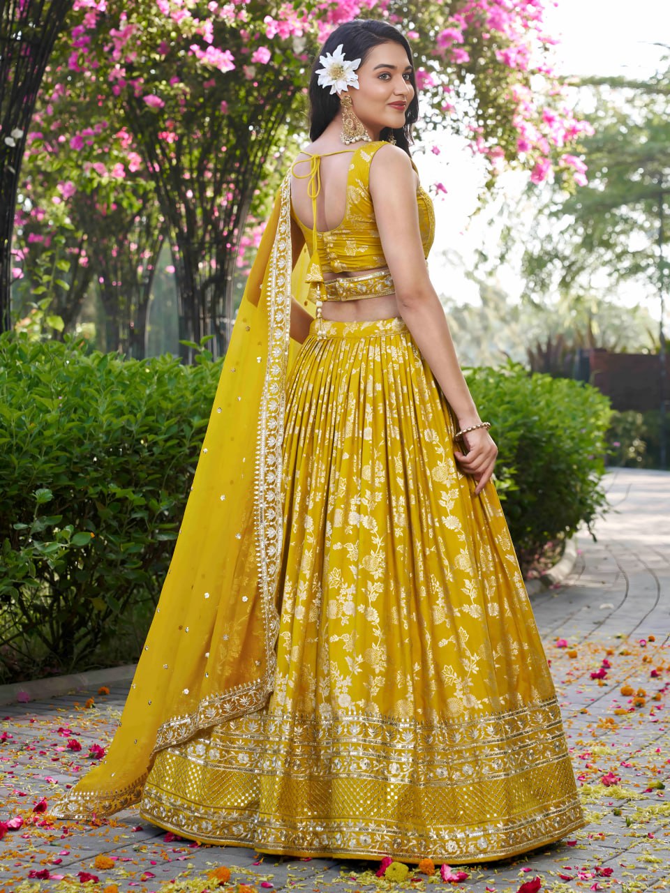 Midnight Bloom – Embroidered Georgette Yellow Bridal Ensemble