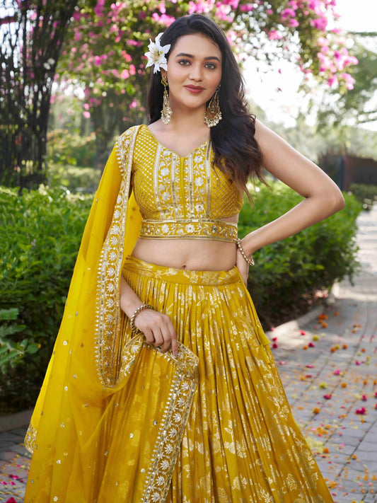 Midnight Bloom – Embroidered Georgette Yellow Bridal Ensemble