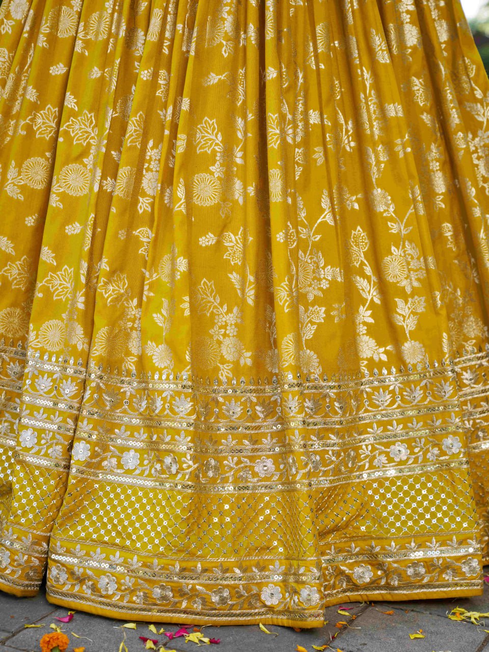 Midnight Bloom – Embroidered Georgette Yellow Bridal Ensemble